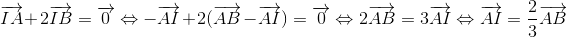 overrightarrow{IA}+2overrightarrow{IB}=overrightarrow{0}Leftrightarrow -overrightarrow{AI}+2(overrightarrow{AB}-overrightarrow{AI})=overrightarrow{0}Leftrightarrow 2overrightarrow{AB}=3overrightarrow{AI}Leftrightarrow overrightarrow{AI}=frac{2}{3}overrightarrow{AB}