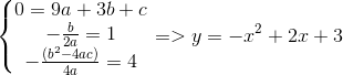 left{egin{matrix} 0=9a+3b+c\-frac{b}{2a}=1 \ -frac{(b^{2}-4ac)}{4a}=4 end{matrix}
ight.=>y=-x^{2}+2x+3