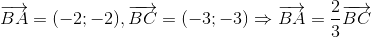 overrightarrow{BA}=(-2;-2),overrightarrow{BC}=(-3;-3)Rightarrow overrightarrow{BA}=frac{2}{3}overrightarrow{BC}