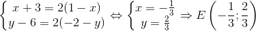 left{egin{matrix} x+3=2(1-x) y-6=2(-2-y) end{matrix}
ight.Leftrightarrow left{egin{matrix} x=-frac{1}{3} y=frac{2}{3} end{matrix}
ight.Rightarrow Eleft ( -frac{1}{3};frac{2}{3} 
ight )