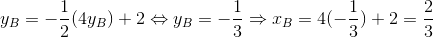 y_{B}= -frac{1}{2}(4y_{B})+2Leftrightarrow y_{B}=-frac{1}{3}Rightarrow x_{B}=4(-frac{1}{3})+2=frac{2}{3}