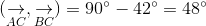 (\underset{AC}{\rightarrow}, \underset{BC}{\rightarrow}) = 90^{\circ} - 42^{\circ} = 48^{\circ}