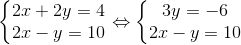 \left\{\begin{matrix} 2x+2y=4 & \\ 2x-y=10& \end{matrix}\right.\Leftrightarrow \left\{\begin{matrix} 3y =-6 & \\ 2x-y=10 & \end{matrix}\right.
