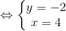 \Leftrightarrow \left\{\begin{matrix} y=-2 & \\ x =4 & \end{matrix}\right.