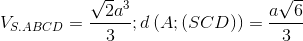 V_{S.ABCD}=\frac{\sqrt{2}a^{3}}{3}; d\left ( A;(SCD) \right )=\frac{a\sqrt{6}}{3}