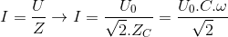 I=\frac{U}{Z}\rightarrow I=\frac{U_{0}}{\sqrt{2}.Z_{C}}=\frac{U_{0}.C.\omega }{\sqrt{2}}