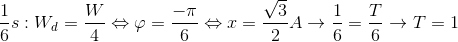 \frac{1}{6}s: W_{d}=\frac{W}{4}\Leftrightarrow \varphi =\frac{-\pi }{6}\Leftrightarrow x=\frac{\sqrt{3}}{2}A\rightarrow \frac{1}{6}=\frac{T}{6}\rightarrow T=1