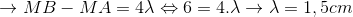 \rightarrow MB-MA=4\lambda \Leftrightarrow 6=4.\lambda \rightarrow \lambda =1,5cm