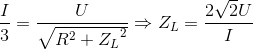 \frac{I}{3}=\frac{U}{\sqrt{R^{2}+{Z_{L}}^{2}}}\Rightarrow Z_{L}=\frac{2\sqrt{2}U}{I}