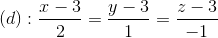 (d): \frac{x-3}{2}=\frac{y-3}{1}=\frac{z-3}{-1}