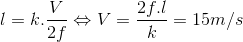 l=k.\frac{V}{2f}\Leftrightarrow V=\frac{2f.l}{k}=15m/s