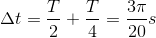 \Delta t=\frac{T}{2}+\frac{T}{4}=\frac{3\pi }{20}s