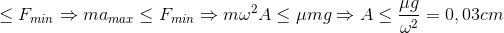 \leq F_{min}\Rightarrow ma_{max}\leq F_{min}\Rightarrow m\omega ^{2}A\leq \mu mg\Rightarrow A\leq \frac{\mu g}{\omega ^{2}}=0,03cm