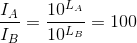 \frac{I_{A}}{I_{B}}=\frac{10^{L_{A}}}{10^{L_{B}}}=100
