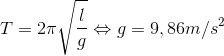 T=2\pi \sqrt{\frac{l}{g}}\Leftrightarrow g=9,86m/s^{2}