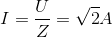 I=\frac{U}{Z}=\sqrt{2}A
