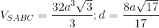 V_{SABC}=\frac{32a^{3}\sqrt{3}}{3};d=\frac{8a\sqrt{17}}{17}