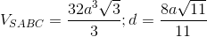 V_{SABC}=\frac{32a^{3}\sqrt{3}}{3};d=\frac{8a\sqrt{11}}{11}