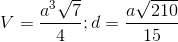 V=\frac{a^{3}\sqrt{7}}{4};d=\frac{a\sqrt{210}}{15}