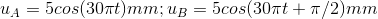 u_{A}=5cos(30\pi t)mm;u_{B}=5cos(30\pi t+\pi /2)mm