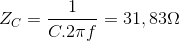 Z_{C}=\frac{1}{C.2\pi f}=31,83\Omega