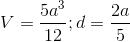 V=\frac{5a^{3}}{12}; d=\frac{2a}{5}