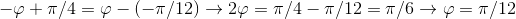 -\varphi +\pi /4=\varphi -(-\pi /12)\rightarrow 2\varphi =\pi /4-\pi /12=\pi /6\rightarrow \varphi =\pi /12