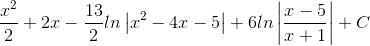 \frac{x^{2}}{2}+2x-\frac{13}{2}ln\left | x^{2} -4x-5\right |+6ln\left | \frac{x-5}{x+1} \right |+C