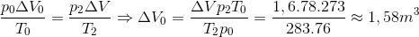 $${{{p_0}\Delta {V_0}} \over {{T_0}}} = {{{p_2}\Delta V} \over {{T_2}}} \Rightarrow \Delta {V_0} = {{\Delta V{p_2}{T_0}} \over {{T_2}{p_0}}} = {{1,6.78.273} \over {283.76}} \approx 1,58{m^3}$$