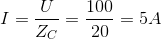 $$I = {U \over {{Z_C}}} = {{100} \over {20}} = 5A$$