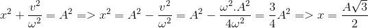 $$\eqalign{ & {x^2} + {{{v^2}} \over {{\omega ^2}}} = {A^2} = > {x^2} = {A^2} - {{{v^2}} \over {{\omega ^2}}} = {A^2} - {{{\omega ^2}.{A^2}} \over {4{\omega ^2}}} = {3 \over 4}{A^2} \cr & = > x = {{A\sqrt 3 } \over 2} \cr} $$