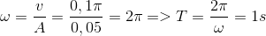 $$\omega = {v \over A} = {{0,1\pi } \over {0,05}} = 2\pi = > T = {{2\pi } \over \omega } = 1s$$