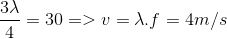 $${{3\lambda } \over 4} = 30 = > v = \lambda .f = 4m/s$$