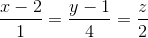 \frac{x-2}{1}=\frac{y-1}{4}=\frac{z}{2}