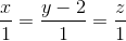 \frac{x}{1}=\frac{y-2}{1}=\frac{z}{1}