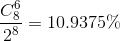 {{C_8^6} \over {{2^8}}} = 10.9375\%