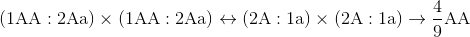 (1{\rm{AA:2Aa)}} \times (1{\rm{AA:2Aa)}} \leftrightarrow {\rm{(2A:1a)}} \times {\rm{(2A:1a)}} \to {4 \over 9}{\rm{AA}}