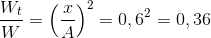 {{{W_t}} \over W} = {\left( {{x \over A}} \right)^2} = 0,{6^2} = 0,36