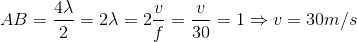 AB = {{4\lambda } \over 2} = 2\lambda = 2{v \over f} = {v \over {30}} = 1 \Rightarrow v = 30m/s