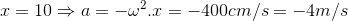 x = 10 \Rightarrow a = - {\omega ^2}.x = - 400cm/s = - 4m/s
