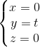 \left\{\begin{matrix}x=0 \\y=t \\z=0 \end{matrix}\right.