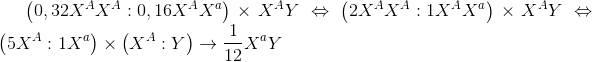 \left( {0,32{X^A}{X^A}:0,16{X^A}{X^a}} \right) \times {X^A}Y \Leftrightarrow \left( {2{X^A}{X^A}:1{X^A}{X^a}} \right) \times {X^A}Y \Leftrightarrow \left( {5{X^A}:1{X^a}} \right) \times \left( {{X^A}:Y} \right) \to \frac{1}{{12}}{X^a}Y