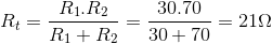 R_{tđ}=\frac{R_{1}.R_{2}}{R_{1}+R_{2}}=\frac{30.70}{30+70}=21\Omega
