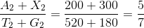 {{{A_2} + {X_2}} \over {{T_2} + {G_2}}} = {{200 + 300} \over {520 + 180}} = {5 \over 7}