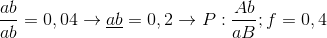 {{ab} \over {ab}} = 0,04 \to \underline {ab} = 0,2 \to P:{{Ab} \over {aB}};f = 0,4