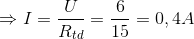 \Rightarrow I = {U \over {{R_{td}}}} = {6 \over {15}} = 0,4A