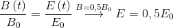{{B\left( t \right)} \over {{B_0}}} = {{E\left( t \right)} \over {{E_0}}}\buildrel {B = 0,5{B_0}} \over \longrightarrow E = 0,5{E_0}