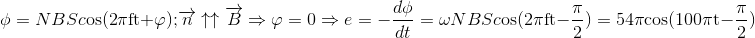 \eqalign{ & \phi = NBSc{\rm{os(2}}\pi {\rm{ft + }}\varphi {\rm{);}}\overrightarrow n \uparrow \uparrow \overrightarrow B \Rightarrow \varphi = 0 \cr & \Rightarrow e = - {{d\phi } \over {dt}} = \omega NBSc{\rm{os(2}}\pi {\rm{ft - }}{\pi \over {\rm{2}}}{\rm{) = 54}}\pi {\rm{cos(100}}\pi {\rm{t - }}{\pi \over {\rm{2}}}) \cr}