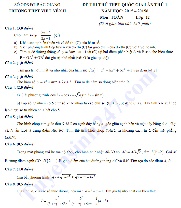 De thi thu THPT Quoc gia mon Toan nam 2016 - THPT Viet Yen 2