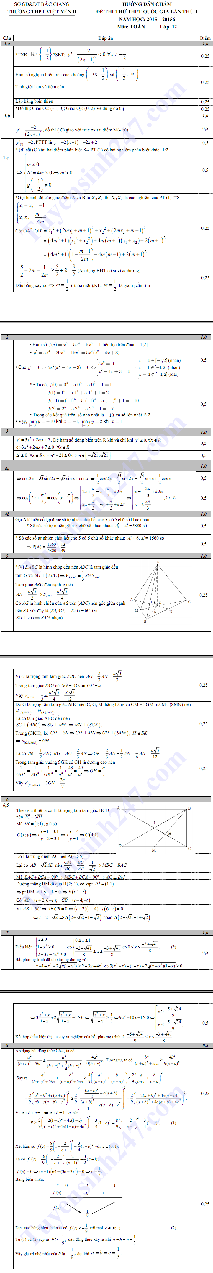 De thi thu THPT Quoc gia mon Toan nam 2016 - THPT Viet Yen 2